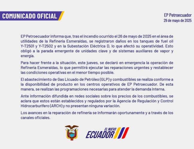 Petroecuador declara emergencia operativa en la Refinería de Esmeraldas tras incendio