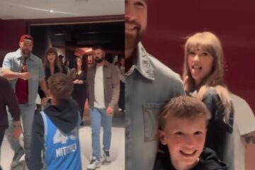 ¡Fiebre por la NFL! Un pequeño fanático ignora a Taylor Swift para pedirle una foto a Travis Kelce.