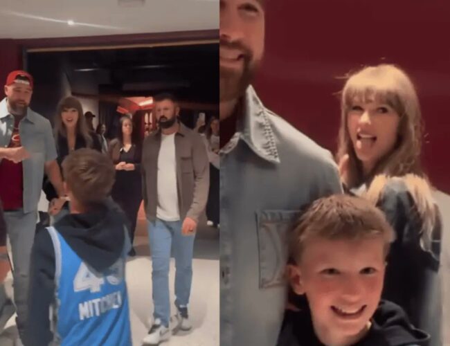 ¡Fiebre por la NFL! Un pequeño fanático ignora a Taylor Swift para pedirle una foto a Travis Kelce.